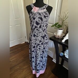 🏝️ Enfocus Studio Geometric Halter Blue White Pink Print Maxi Sundress 8 M